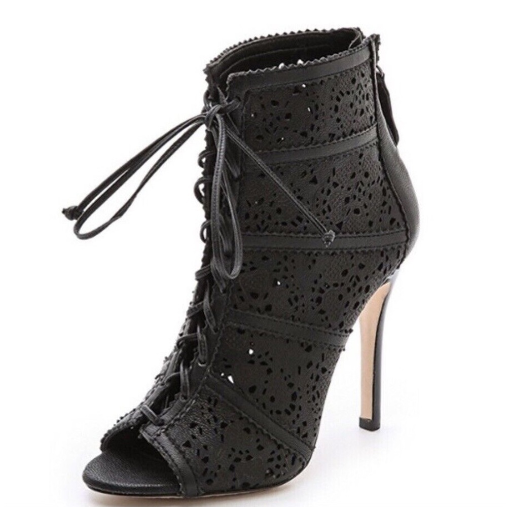 Alice + Olivia Gale Black Lace up leather laser high heel cutout booties